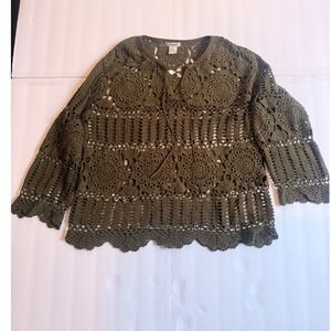 Airport Olive Green Crochet Knit Top Gothic Boho Tie Neck Ramie Cotton Large